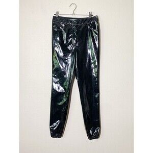 Tibi Tech Patent Vegan Leather Jogger 4 Pants Black Skinny Leg Pockets